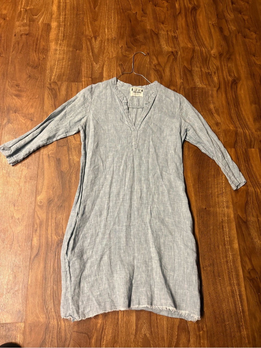 Luksin Designs 100% Linen Tunic Dress Small - Handmade in Maine Blue Frayed Hem